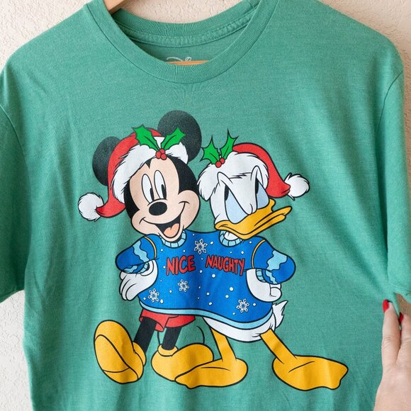 Disney Mickey & Donald Christmas Tee Size Large “Nice & Naughty” Holiday Shirt - Picture 2 of 4